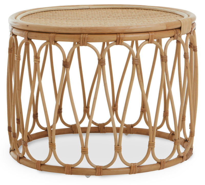 Natural Rattan Coffee Table with Open Weave Design and Webbing Round Top | Mataram