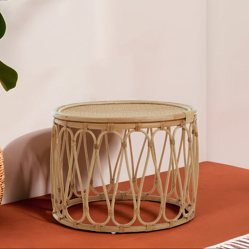 Natural Rattan Coffee Table with Open Weave Design and Webbing Round Top | Mataram