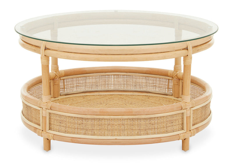 Clear Glass Top Natural Rattan Round Coffee Table with Lower Storage Shelf | Mataram
