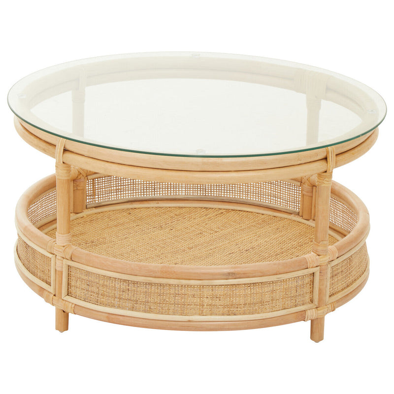 Clear Glass Top Natural Rattan Round Coffee Table with Lower Storage Shelf | Mataram