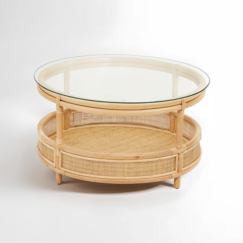 Clear Glass Top Natural Rattan Round Coffee Table with Lower Storage Shelf | Mataram