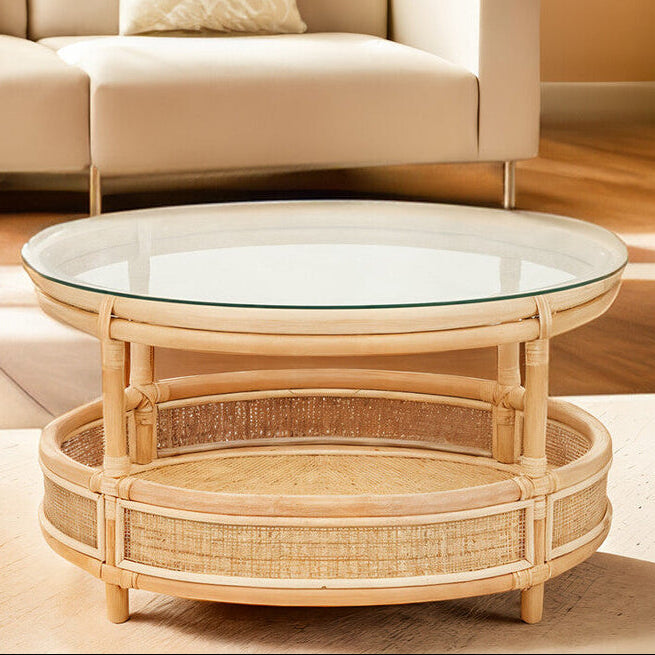 Clear Glass Top Natural Rattan Round Coffee Table with Lower Storage Shelf | Mataram
