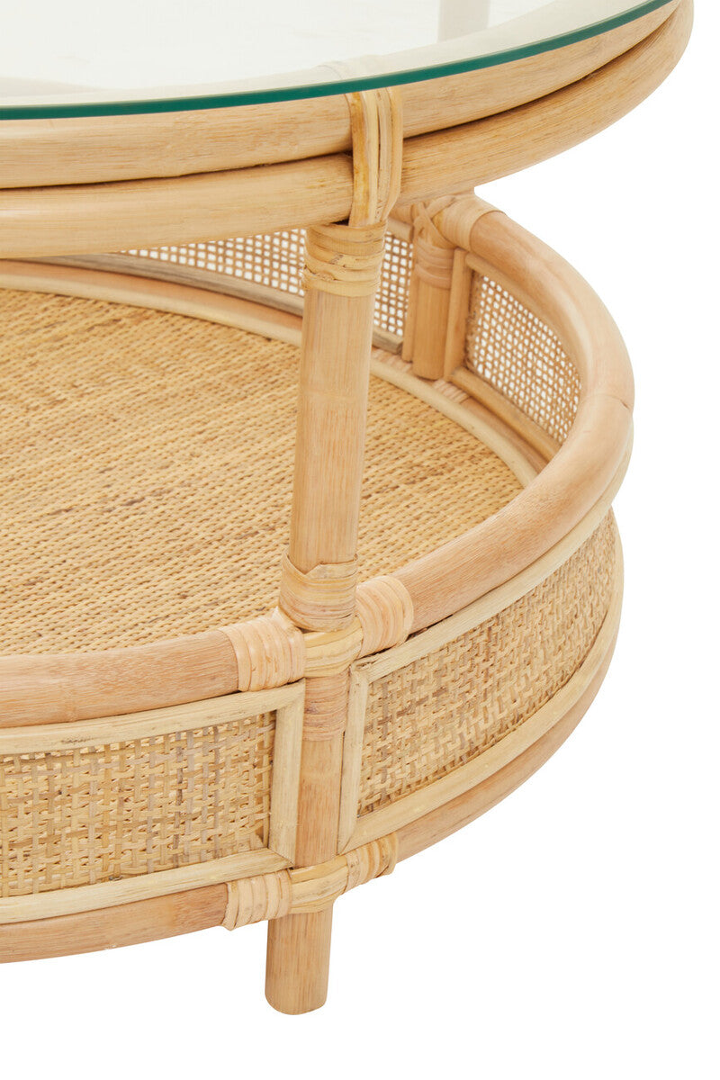 Clear Glass Top Natural Rattan Round Coffee Table with Lower Storage Shelf | Mataram