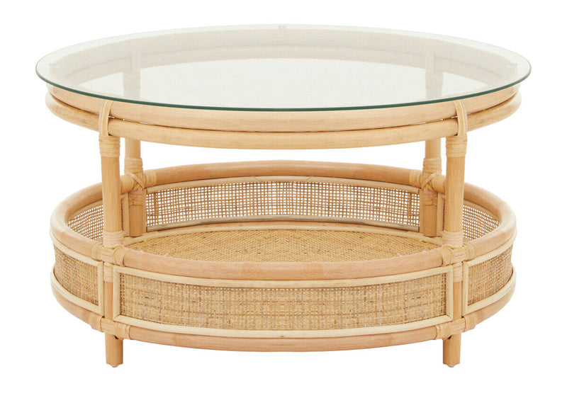 Clear Glass Top Natural Rattan Round Coffee Table with Lower Storage Shelf | Mataram