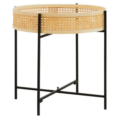 Natural Rattan Round Top Side Table with Black Metal Cross Base Legs | Depok