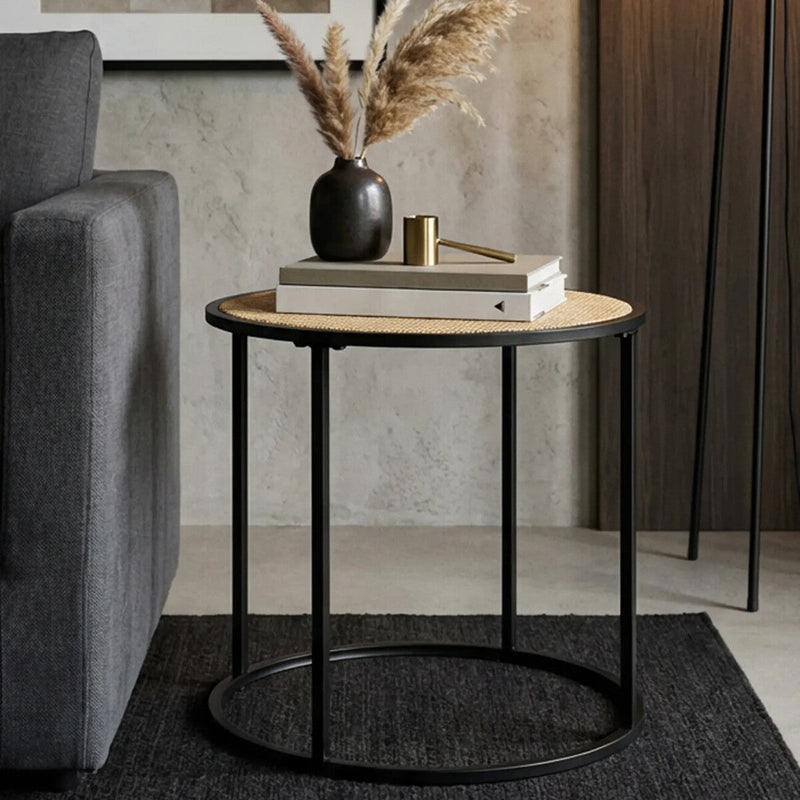 Natural Rattan Round Top Side Table with Black Metal Base | Depok