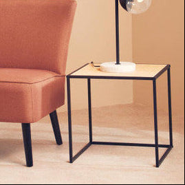 Natural Rattan Top Side Table with Black Metal Square Base | Depok