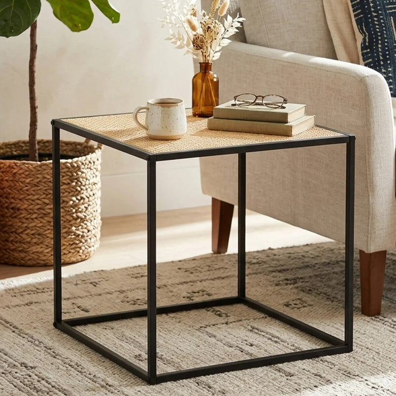 Natural Rattan Top Side Table with Black Metal Square Base | Depok