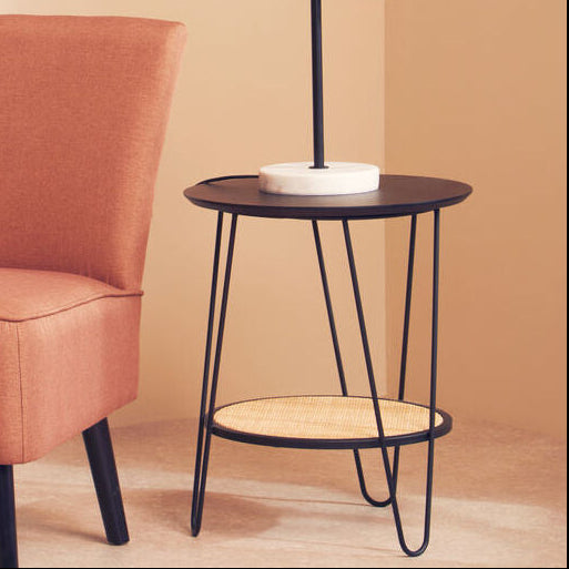 Natural Rattan Top Side Table with Lower Shelf and Black Metal Hairpin Legs | Depok