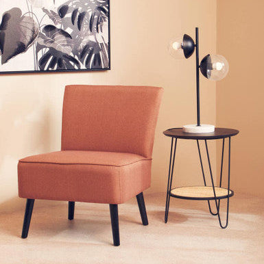 Natural Rattan Top Side Table with Lower Shelf and Black Metal Hairpin Legs | Depok