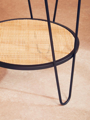 Natural Rattan Top Side Table with Lower Shelf and Black Metal Hairpin Legs | Depok