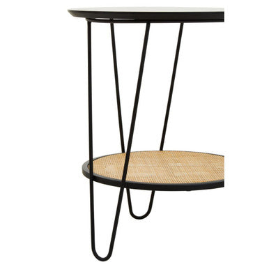 Natural Rattan Top Side Table with Lower Shelf and Black Metal Hairpin Legs | Depok