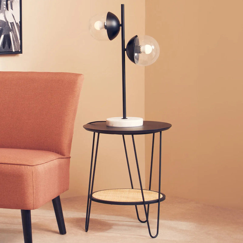 Natural Rattan Top Side Table with Lower Shelf and Black Metal Hairpin Legs | Depok