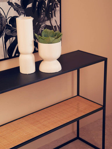 Black Metal Frame 2-Tier Console Table with Natural Rattan Shelving | Depok