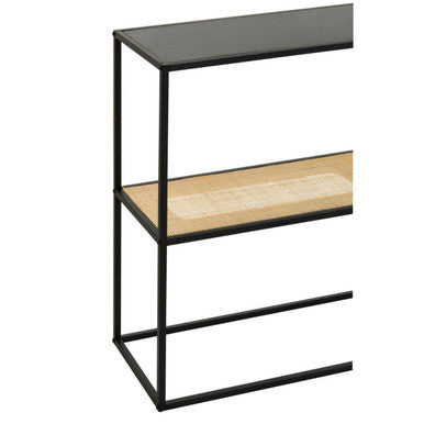 Black Metal Frame 2-Tier Console Table with Natural Rattan Shelving | Depok