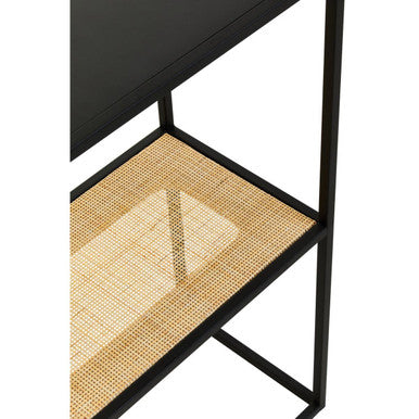 Black Metal Frame 2-Tier Console Table with Natural Rattan Shelving | Depok