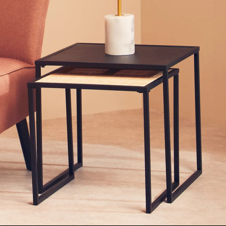 Black Metal and Rattan Top Nest of 2 Tables with Square Frames | Depok