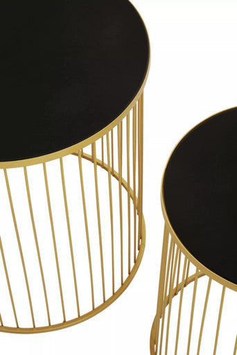 Set of 2 Black Glass Top and Gold Finish Base Side Tables | Avento