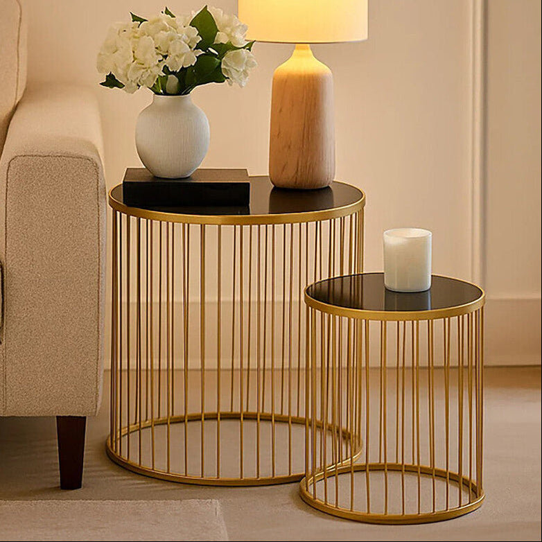 Set of 2 Black Glass Top and Gold Finish Base Side Tables | Avento
