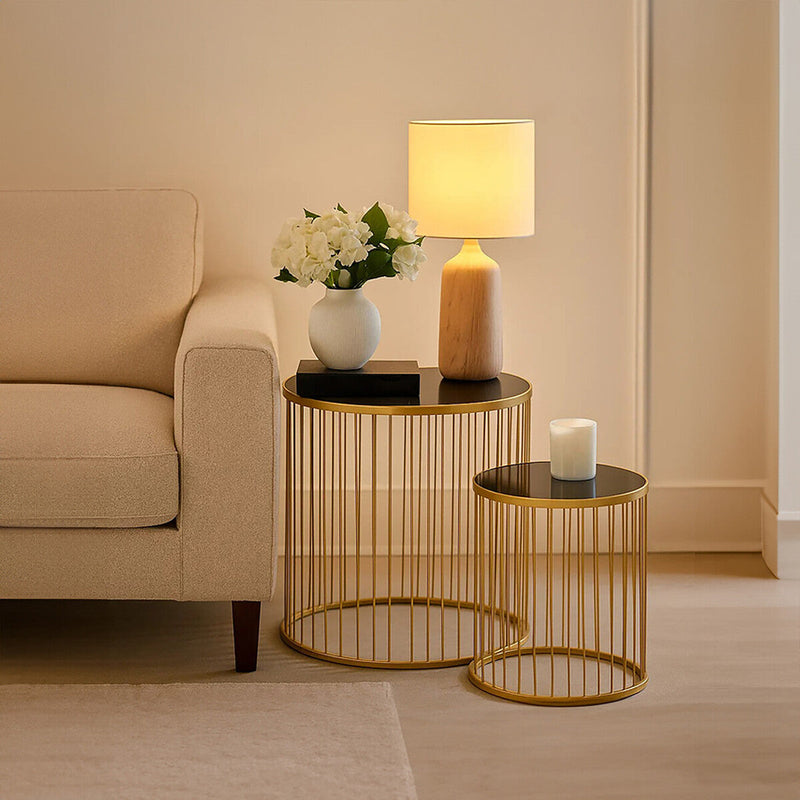 Set of 2 Black Glass Top and Gold Finish Base Side Tables | Avento