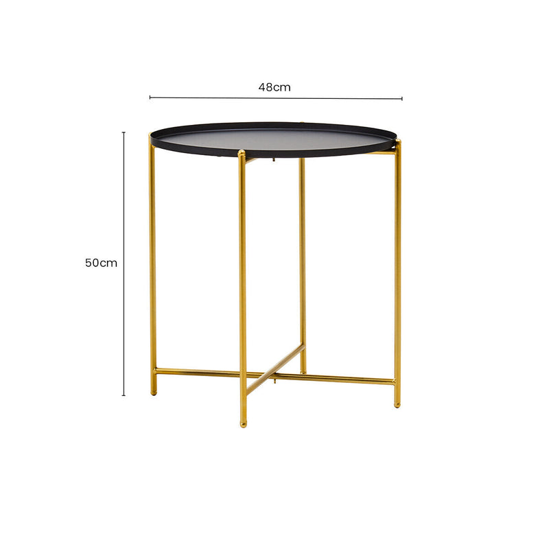 Black Tray Top Round Side Table with Gold Finish Iron Stand | Trosa