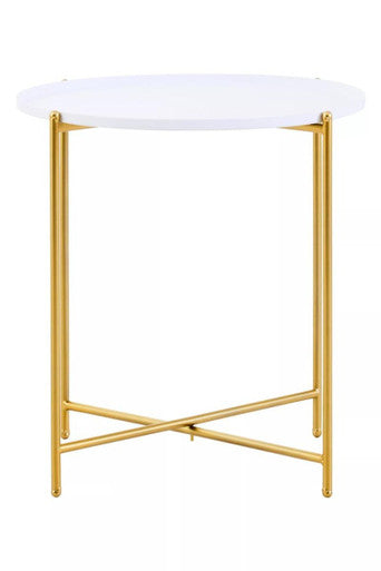 White Tray Top Round Side Table with Gold Finish Criss Cross Base | Trosa