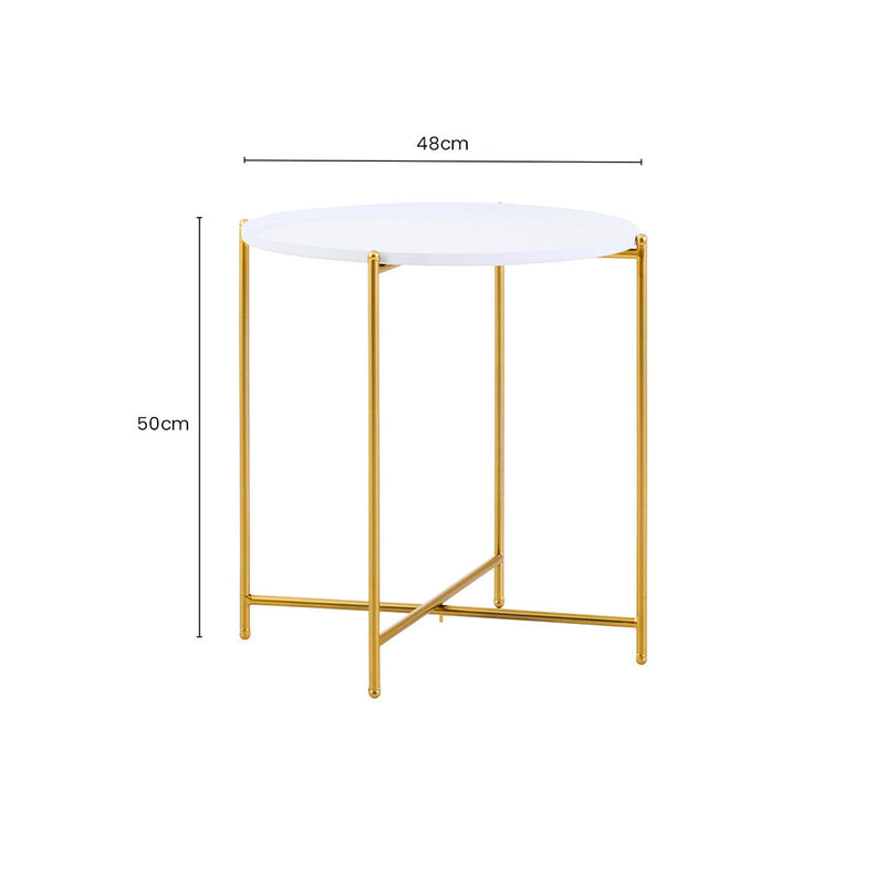 White Tray Top Round Side Table with Gold Finish Criss Cross Base | Trosa