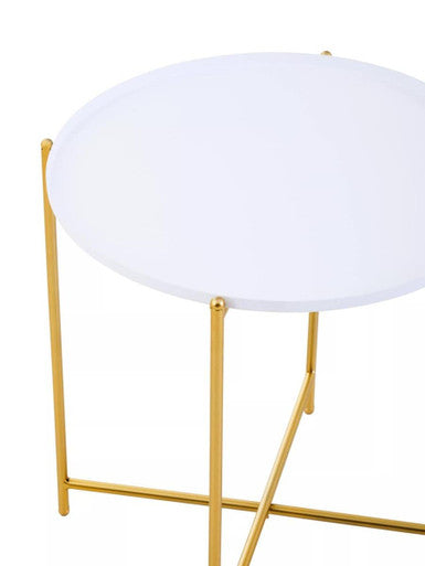White Tray Top Round Side Table with Gold Finish Criss Cross Base | Trosa