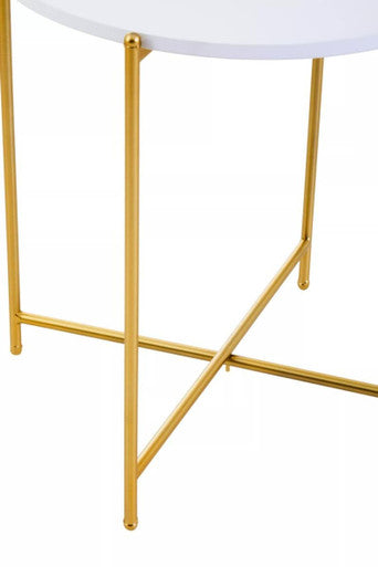 White Tray Top Round Side Table with Gold Finish Criss Cross Base | Trosa