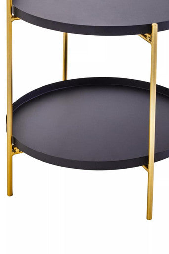 Black Rounded Shelves Two-Tier Side Table with Gold Iron Stand, Trosa