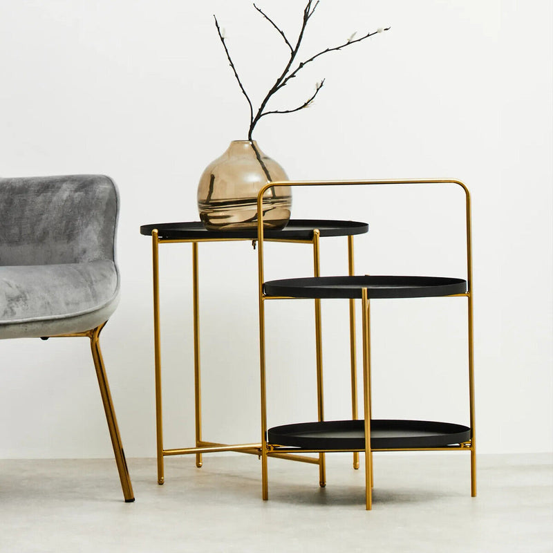 Black Rounded Shelves Two-Tier Side Table with Gold Iron Stand, Trosa