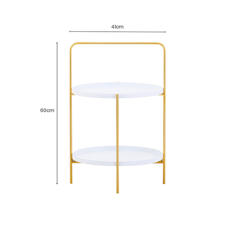 White Rounded Shelves Two-Tier Side Table with Gold Iron Stand, Trosa