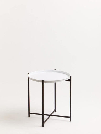 Round White Top Side Table with Black Iron Lattice Base | Trosa