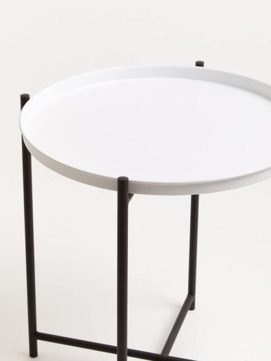 Round White Top Side Table with Black Iron Lattice Base | Trosa