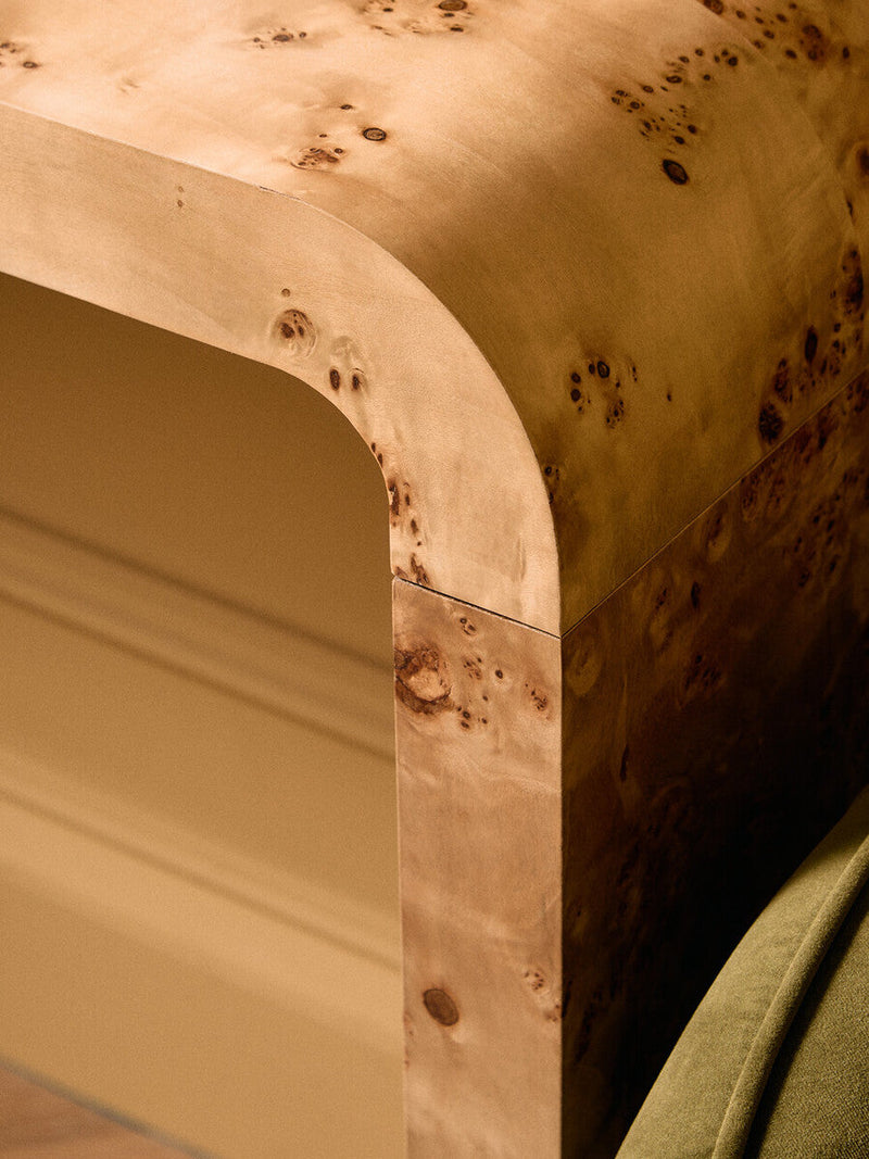 Natural Burl Wood Curved Console Table with Smooth Curved Edges | Mota