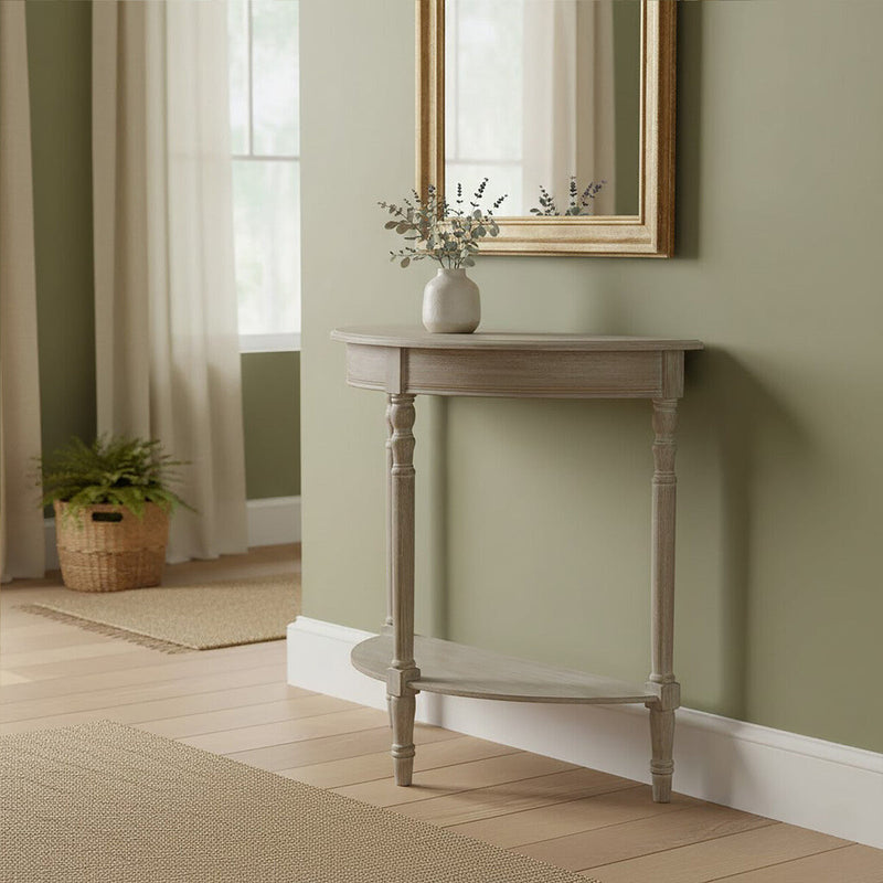 Natural Wooden Half Moon Console Table with Lower Storage Shelf | Heritage