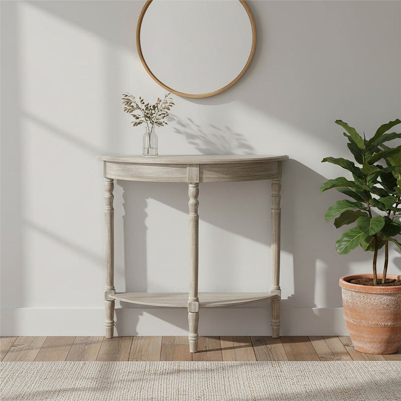 Natural Wooden Half Moon Console Table with Lower Storage Shelf | Heritage