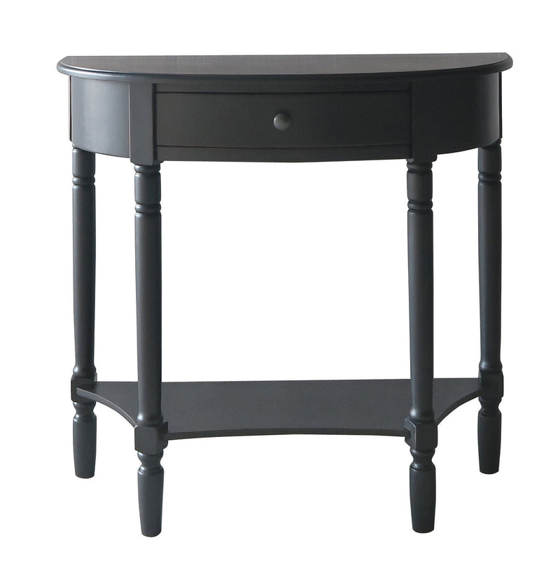 Black Half Moon Wooden Console Table with 1 Drawer and 1 Lower Open Storage Shelf | Heritage