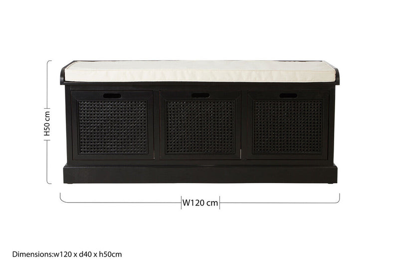 Black Three Drawer Storage Bench with Cushion | Heritage