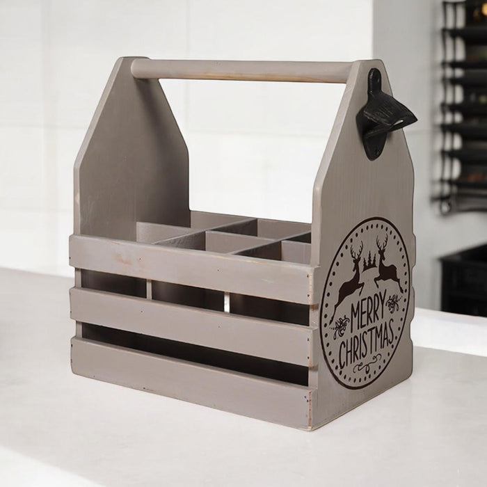 RUSTIC GREY  6 BOTTLE HOLDER WITH OPENER