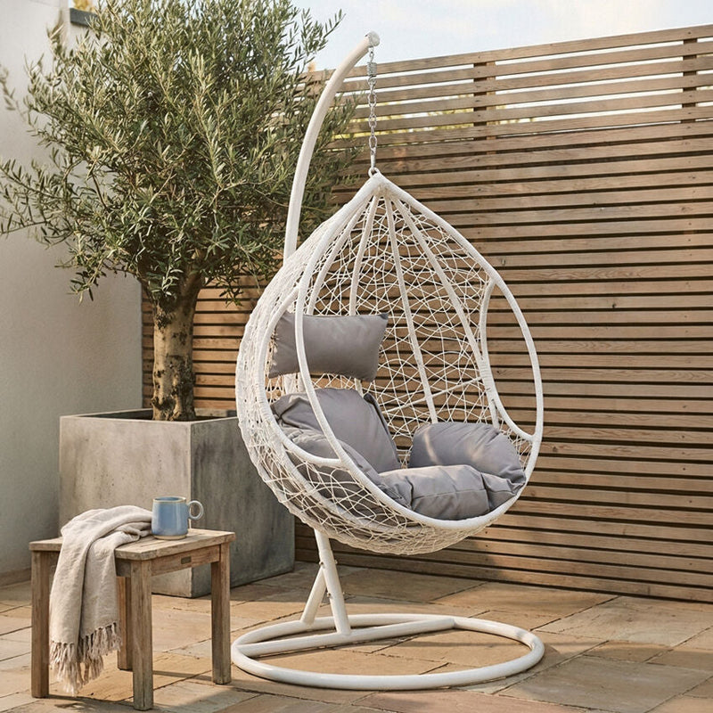White Rattan Effect Hanging Chair with Grey Cushions | Goa