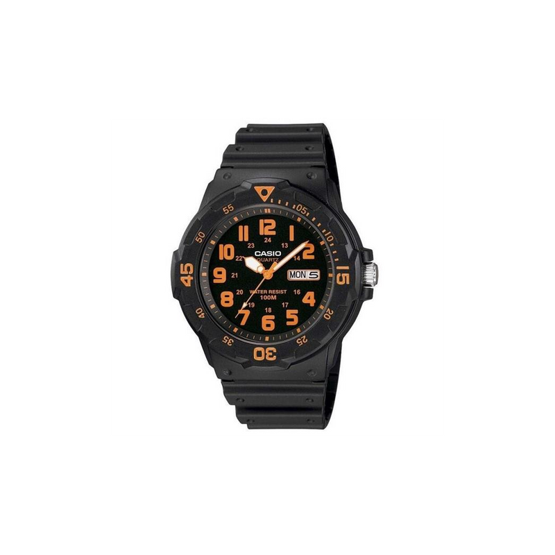 Casio Mens Day Date Orange Number & Black Rubber Strap Watch - MRW-200H-4BVDF