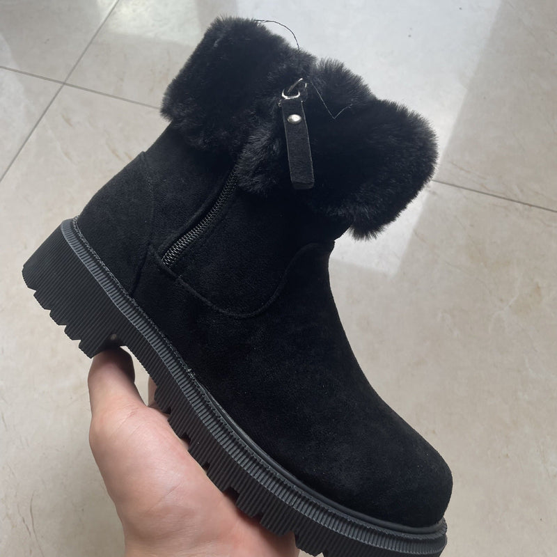 Women's Warm Plush Winter Snow Boots Side-Zip Suede Low Heel Ankle Fur Boots