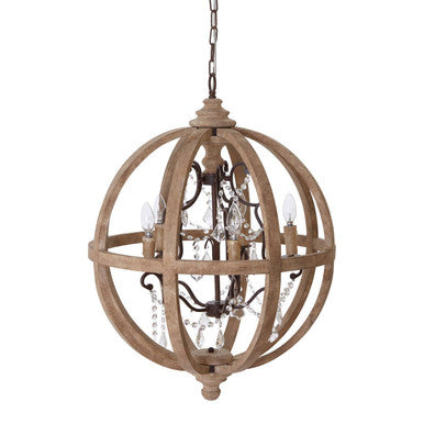 5 Arm Metal and Oak Wood Orb Chandelier | Pia