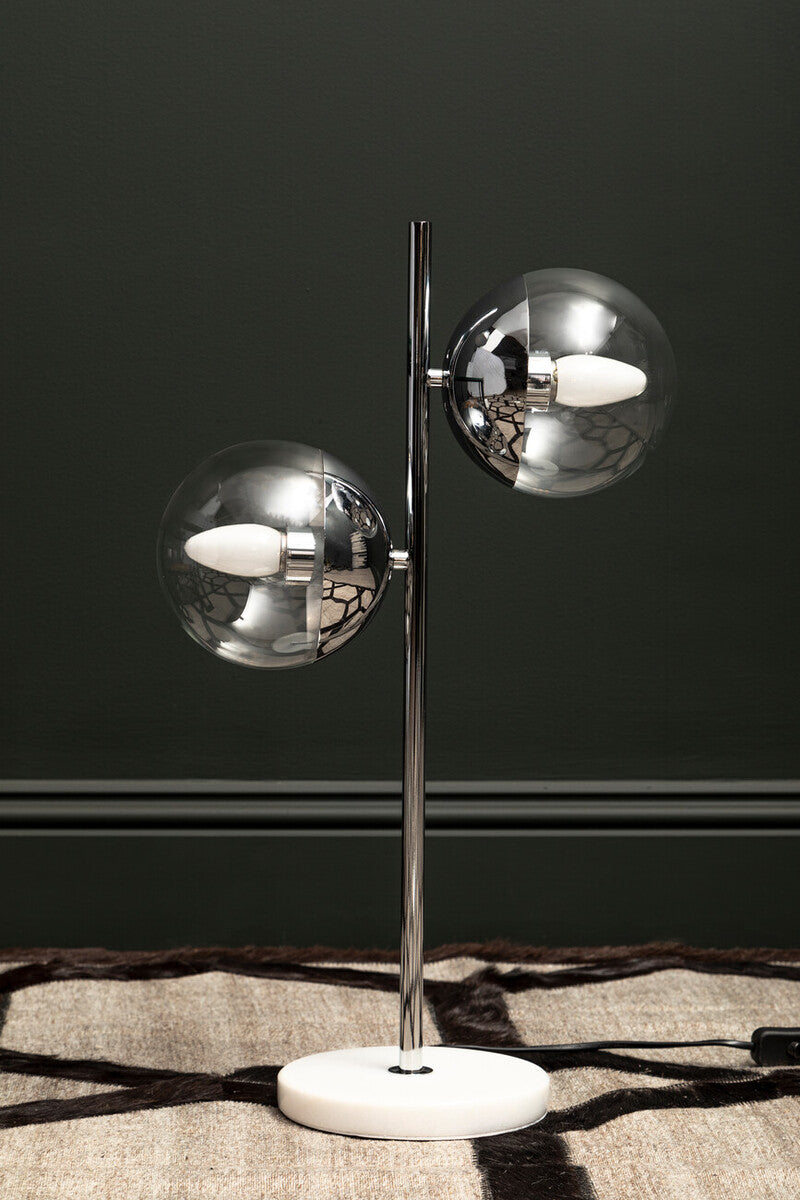 Two Light Chrome and White Marble Table Lamp | Revive