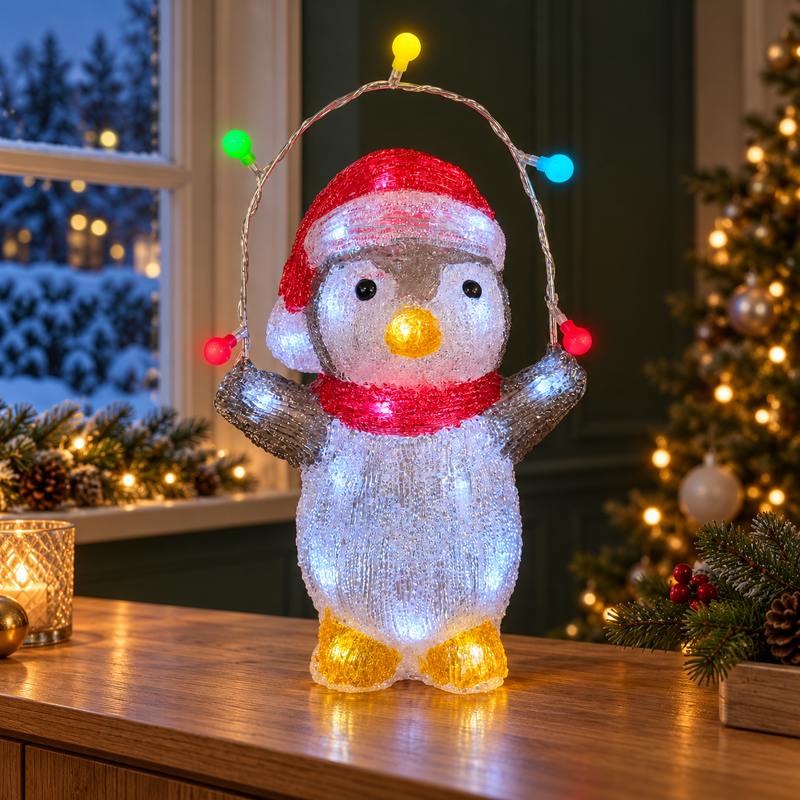 Light Up Acrylic Penguin Christmas Decoration with Timer
