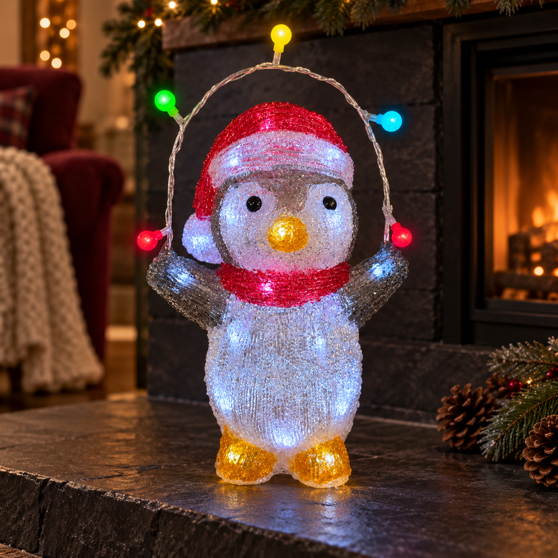 Light Up Acrylic Penguin Christmas Decoration with Timer