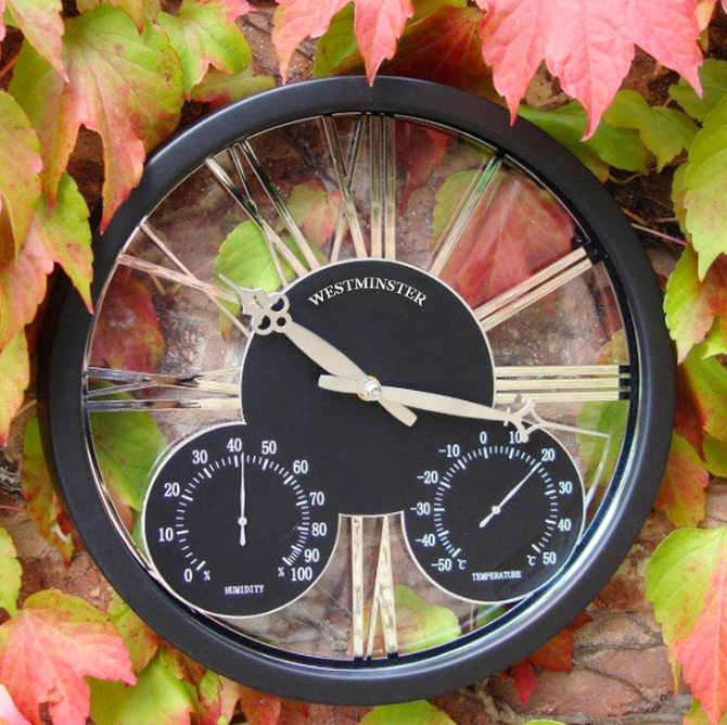 Large Black Garden Clock with Thermometer and Barometer 26.5cm