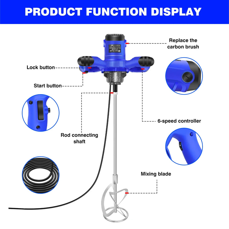 2600W Portable Electric Cement Paddle Mixer 6 Speed Handheld Grout Paint Mortar