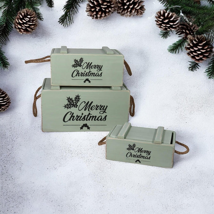 S/3 RUSTIC GREEN CRATES WITH LIDS ROPE HAN